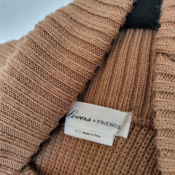 LOVERS + FRIENDS Arlington Distressed Off Shoulder Wool Sweater Tan Relaxed Fit - Picture 4 of 13